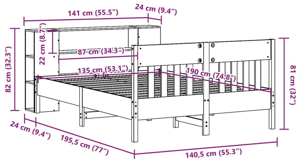 Κρεβάτι Βιβλιοθήκη Χωρίς Στρώμα Λευκό 135x190 εκ Μασίφ Πεύκο - Λευκό