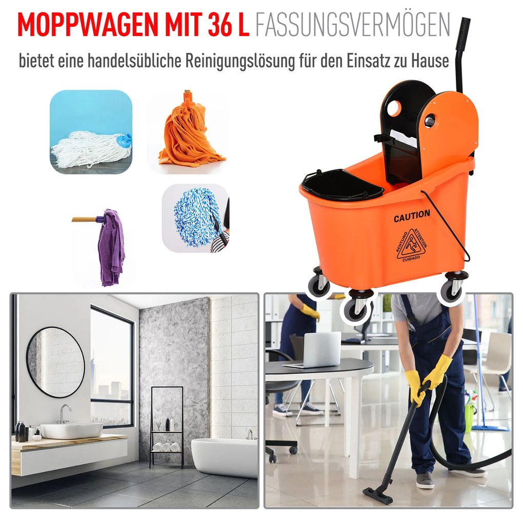 HOMCOM Καρότσι Καθαρισμού 36 λίτρων Κουβάς Καθαρισμού Τρόλεϊ Σφουγγαρίσματος με Στύφτη, Πορτοκαλί, 54 x 41 x 91,5 cm
