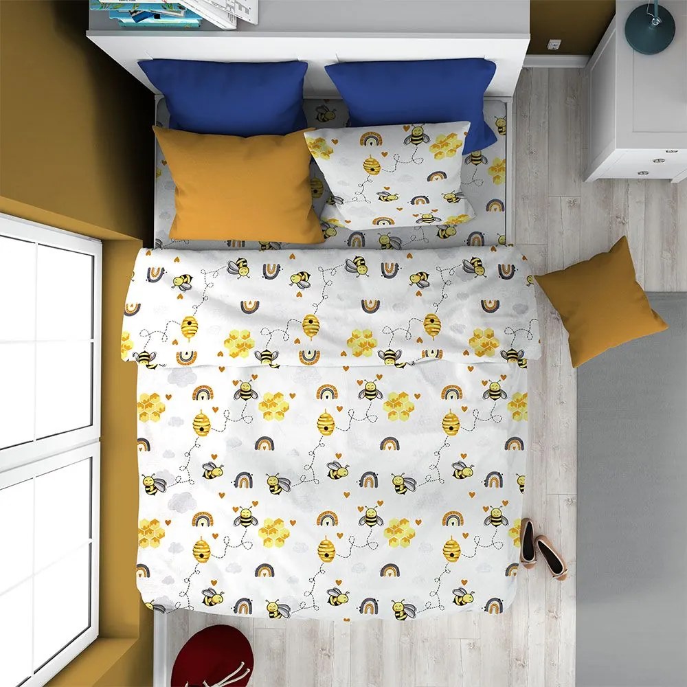 Παπλωματοθήκη Παιδική Honey Bee 545 White-Yellow DimCol Μονό 160x240cm 100% Βαμβάκι