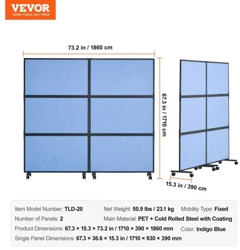 VEVOR Acoustic Room Divider Partition Panel Privacy Screen 2 Pack Indigo Blue