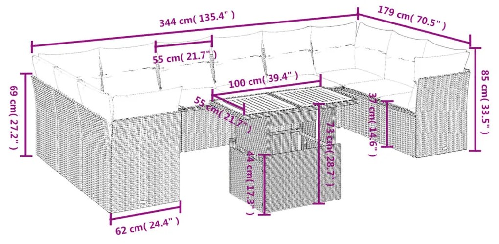 vidaXL Σαλόνι Κήπου Σετ 11 Τεμαχίων Μαύρο Συνθετικό Ρατάν με Μαξιλάρια