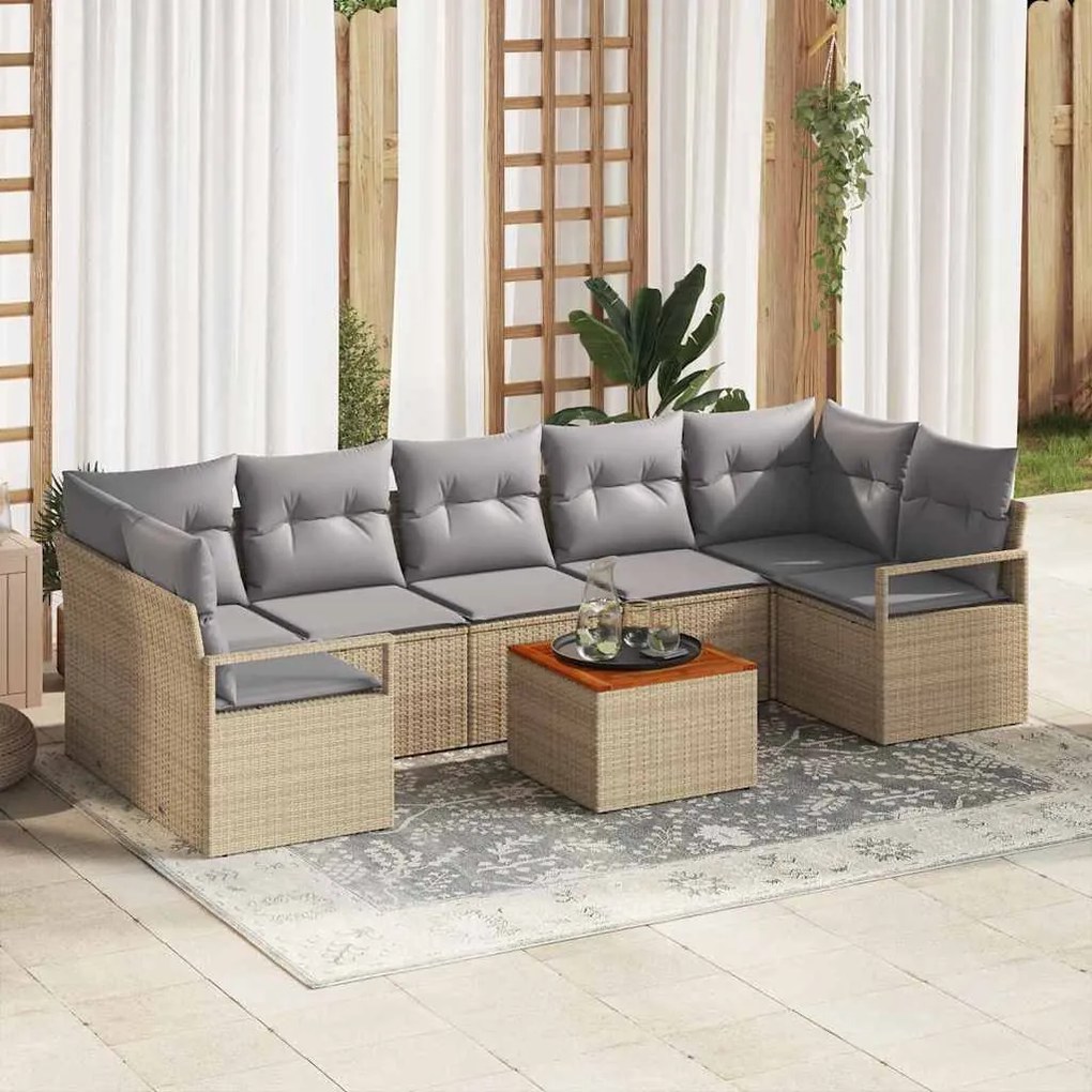 vidaXL Σετ Καναπέ Κήπου με μαξιλάρι 8 pcs Μπεζ Πολυ ράταν