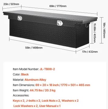 VEVOR Crossover Tool Box 69x20x18 In Heavy Duty Aluminum Toolbox for Truck Bed