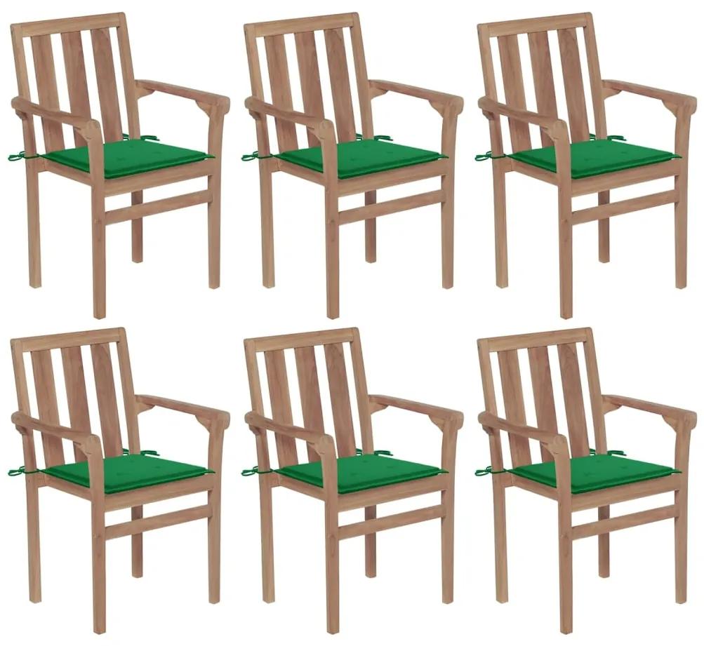 3073411 vidaXL Καρέκλες Κήπου Στοιβαζόμενες 6 τεμ. Μασίφ Ξύλο Teak &amp; Μαξιλάρια Πράσινο, 1 Τεμάχιο