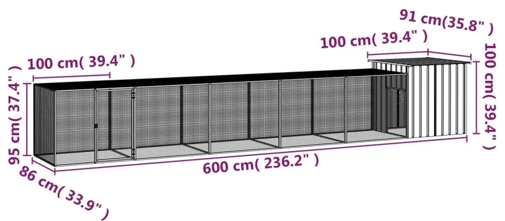 vidaXL Κοτέτσι - Κλουβί Γκρι 600x91x100 εκ. από Γαλβανισμένο Χάλυβα