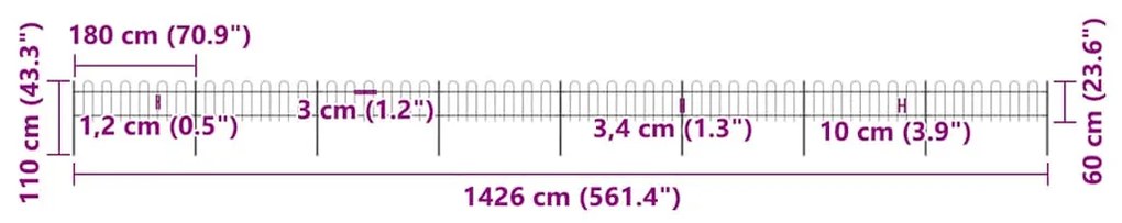 vidaXL Φράχτης Κήπου με Κορυφή από Ατσάλι, Μαύρος 1426 x 60 εκ.