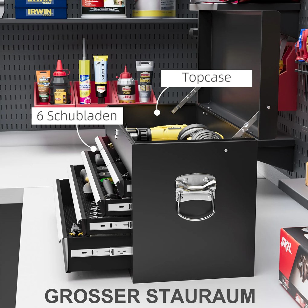HOMCOM Κιβώτιο εργαλείων, κλειδωμένο, 3 συρτάρια, ατσάλινο περίβλημα, 60x26x34cm, Μαύρο