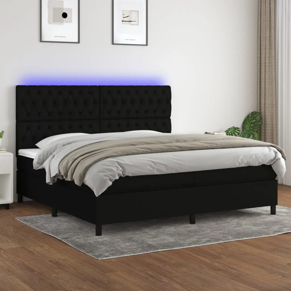 vidaXL Κρεβάτι Boxspring με Στρώμα &amp; LED Μαύρο 200x200 εκ. Υφασμάτινο