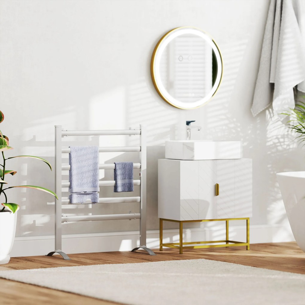 kleankin Στρογγυλός καθρέφτης μπάνιου με φωτισμό LED, ένδειξη ώρας, λειτουργία μνήμης, χρυσό + ασήμι