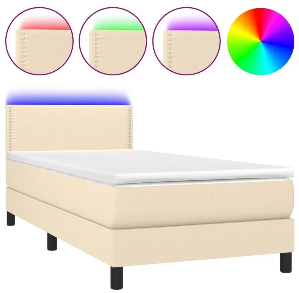 Κρεβάτι Boxspring με Στρώμα &amp; LED Κρεμ 90x200 εκ. Υφασμάτινο - Κρεμ