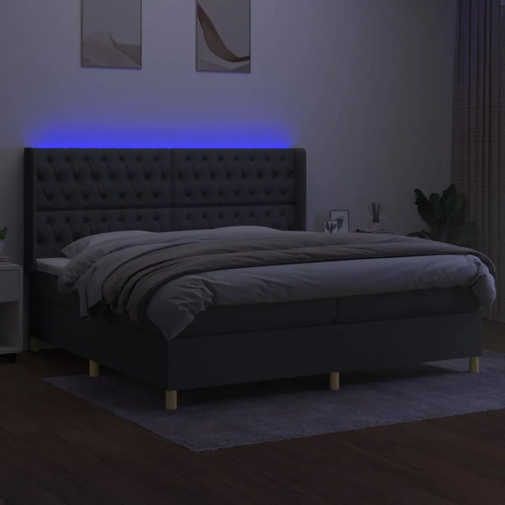 vidaXL Κρεβάτι Boxspring με Στρώμα & LED Σκ.Γκρι 200x200εκ. Υφασμάτινο