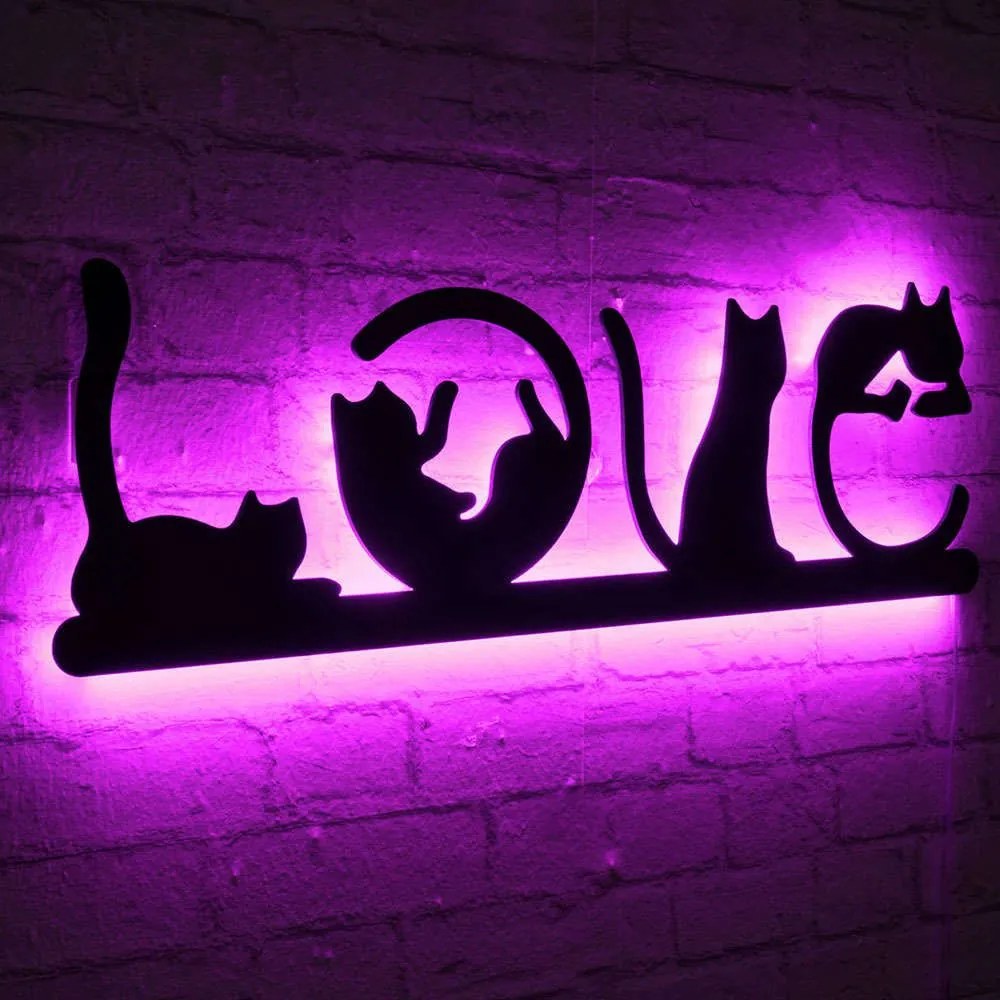 Διακοσμητικό Τοίχου Με Φως Led Cat Love 395NGR1896 70x22cm Pink-Black Wallity Mdf
