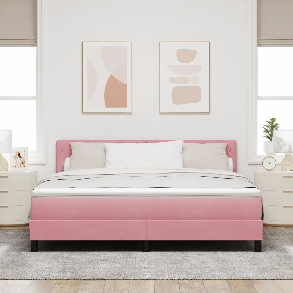 vidaXL Κρεβάτι Box Spring με Στρώμα & LED Ροζ 180x200 εκ. Βελούδο