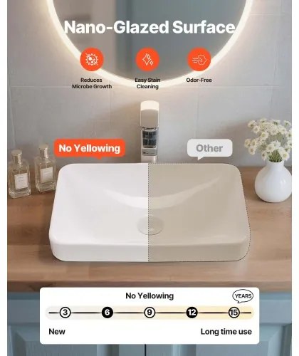 VEVOR Semi Recessed Bathroom Sink, 490 x 305 mm Rectangular White Ceramic Vessel Sink with 45 mm Drain Hole, Drop in Modern Lavatory Vanity Bath Wash Bowl Basin, Rectangle for Bathroom Small Space