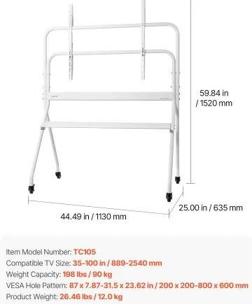 VEVOR Rolling TV Stand Mobile TV Cart Holds Up to 198 lbs for 35-100 In Screens