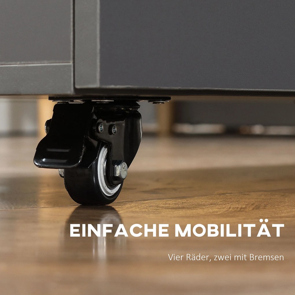 Πτυσσόμενο τραπέζι με ροδάκια, δύο πτυσσόμενες πλευρές τραπεζιού, ντουλάπι, 4 ροδάκια, Ανοιχτό Γκρι+Σκούρο Καφέ, 70 x 83 x 75cm