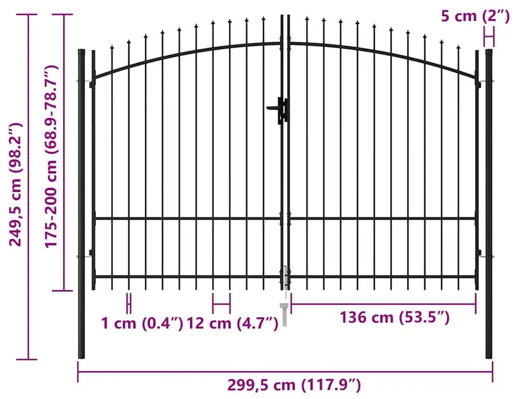 vidaXL Καγκελόπορτα Διπλή με Ακίδες Μαύρη 3 x 2 μ. Ατσάλινη