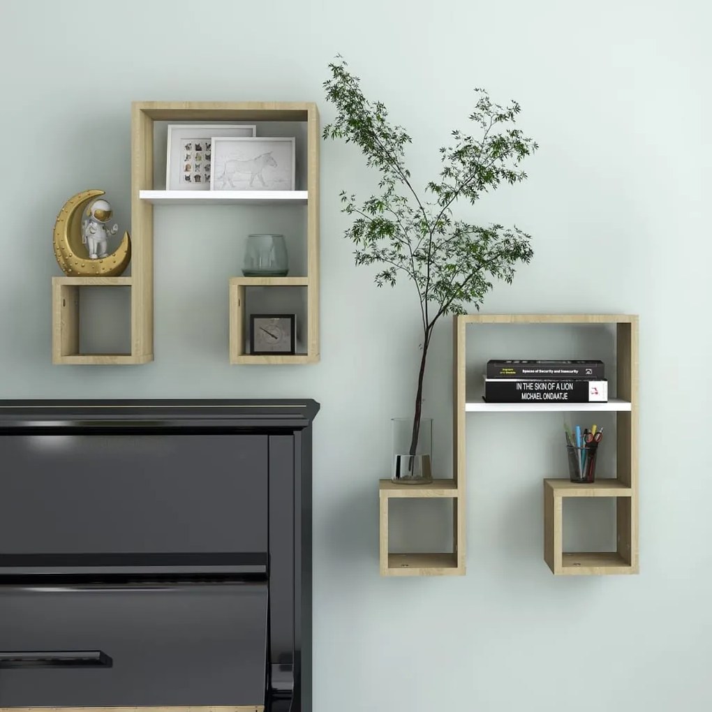 vidaXL Ραφιέρες Τοίχου 2 τεμ Λευκό/Sonoma Δρυς 50x15x50εκ. Μοριοσανίδα