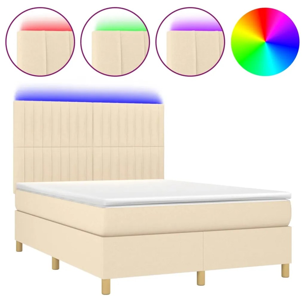 vidaXL Κρεβάτι Boxspring με Στρώμα & LED Κρεμ 140x200 εκ. Υφασμάτινο