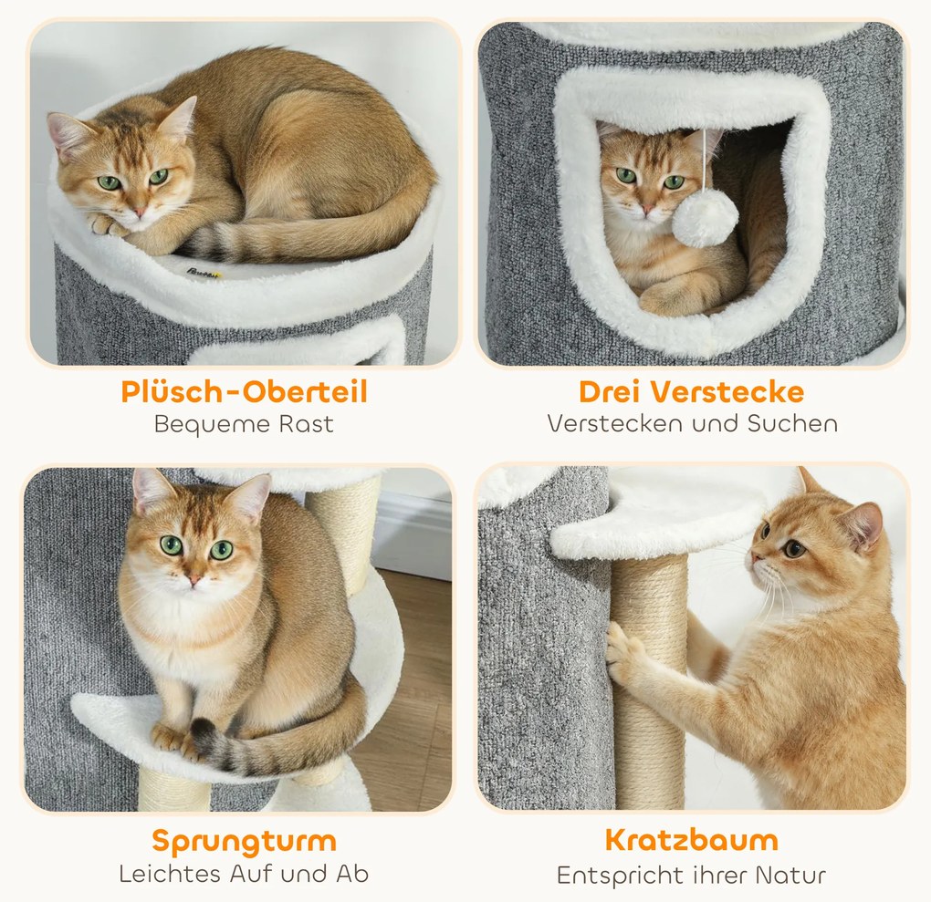 Πύργος Γάτας 101 cm, 3 Επίπεδα, 3 Υπνοδωμάτια, Μπάλες Παιχνιδιού, Στύλοι Ξυσίματος, Σιζάλ, Πάνελ Μοριοσανίδας, Γκρι