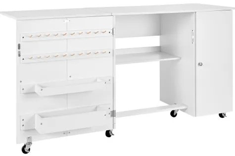 VEVOR Folding Sewing Table, Multipurpose Sewing Machine Table with Cabinet, Compact Design, Wheels, Wooden Pegs, Storage Trays and Shelf, Magnetic Door, Craft Station and Side Desk for Home, White
