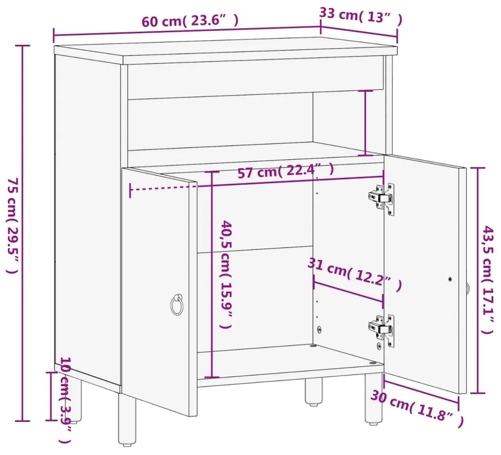 Βοηθητικό Ντουλάπι 60 x 33 x 75 εκ. από Μασίφ Ξύλο Μάνγκο - Καφέ