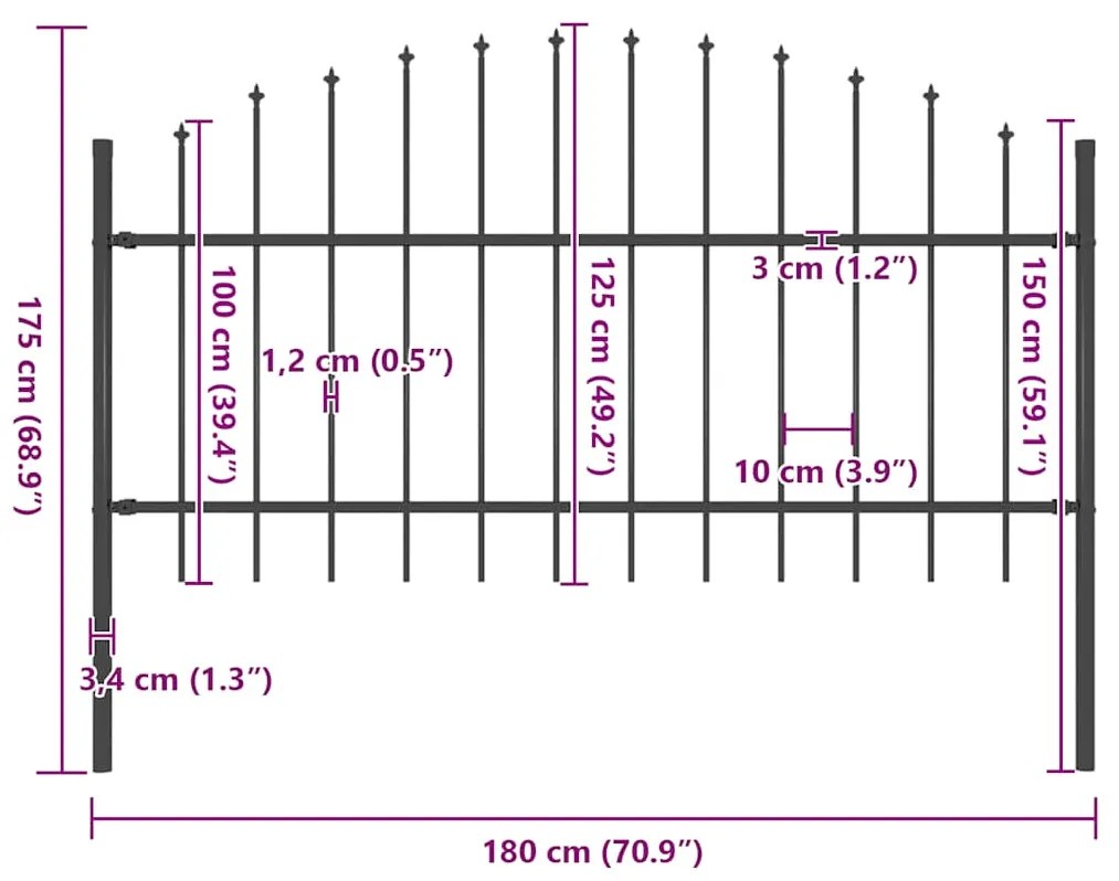 vidaXL Κάγκελα Περίφραξης με Λόγχες Μαύρα (1,-1,25) x 1,7 μ. Ατσάλινα
