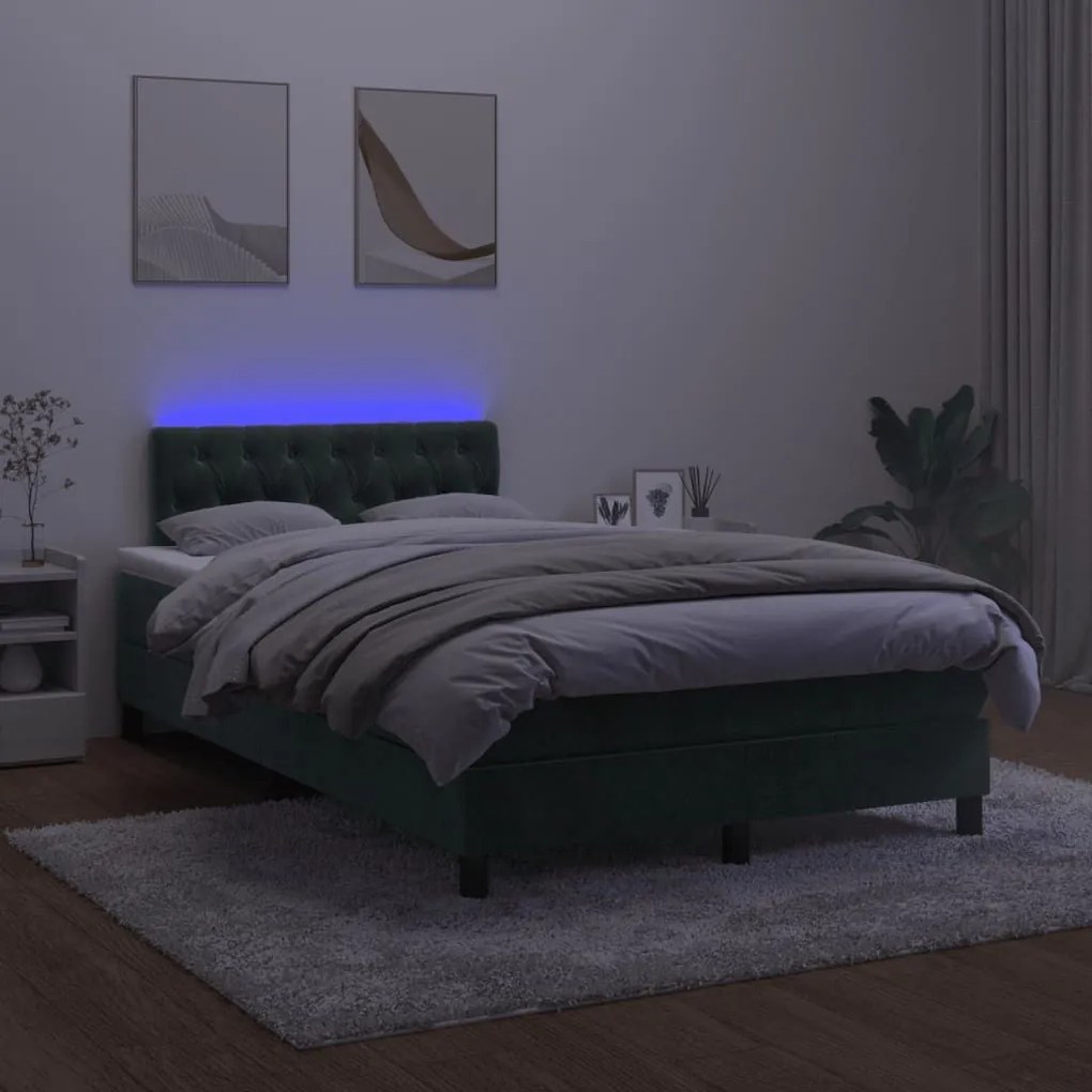 Κρεβάτι Boxspring με Στρώμα &amp; LED Σκ. Πράσινο 120x190εκ Βελούδο - Πράσινο