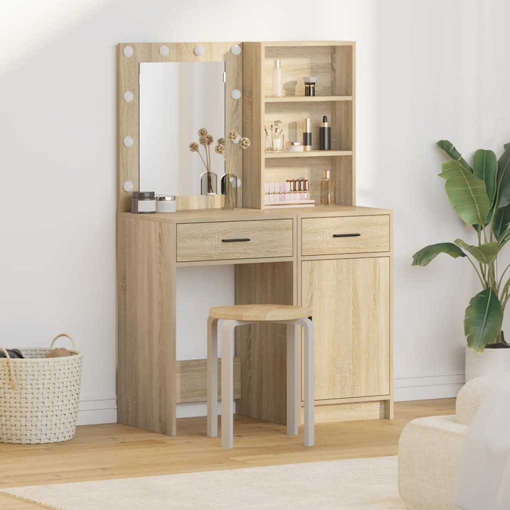 vidaXL Σετ Α dressing table 2 τεμαχίων με LED από μη επεξεργασμένο ξύλο Sonoma