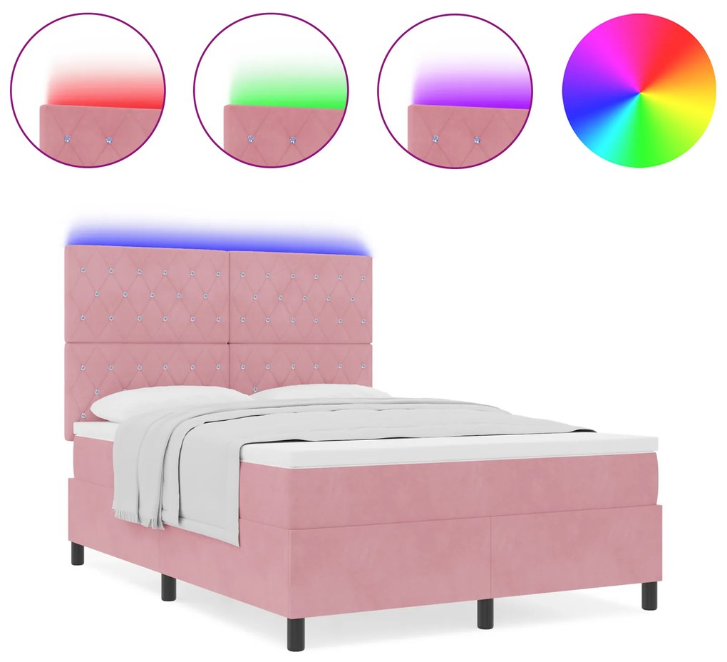 vidaXL Κρεβάτι με Στρώμα & LED Ροζ 160x200 cm Βελούδο