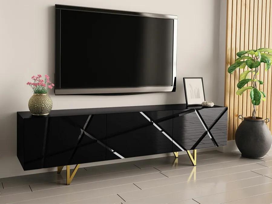 Τραπέζι Tv Merced M100, Γυαλιστερό μαύρο, Μαύρο, Ο αριθμός των θυρών: 3, 180x52x37cm, 33 kg | Epipla1.gr