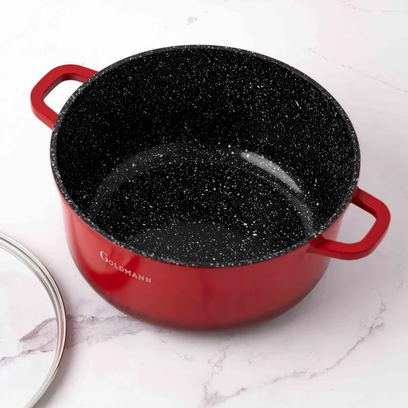 Κατσαρόλα Goldmann GM-7324R, 4,5 l, 24 cm, Αντικολλητική μαρμάρινη επίστρωση, Καπάκι με άνοιγμα, Επαγωγή, Κόκκινο