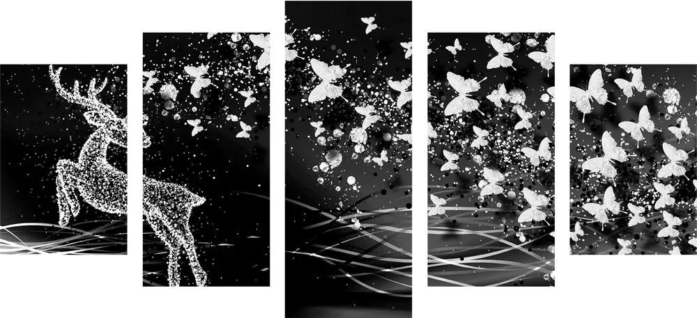 Εικόνα 5 μερών ενός όμορφου ελαφιού με πεταλούδες σε ασπρόμαυρο