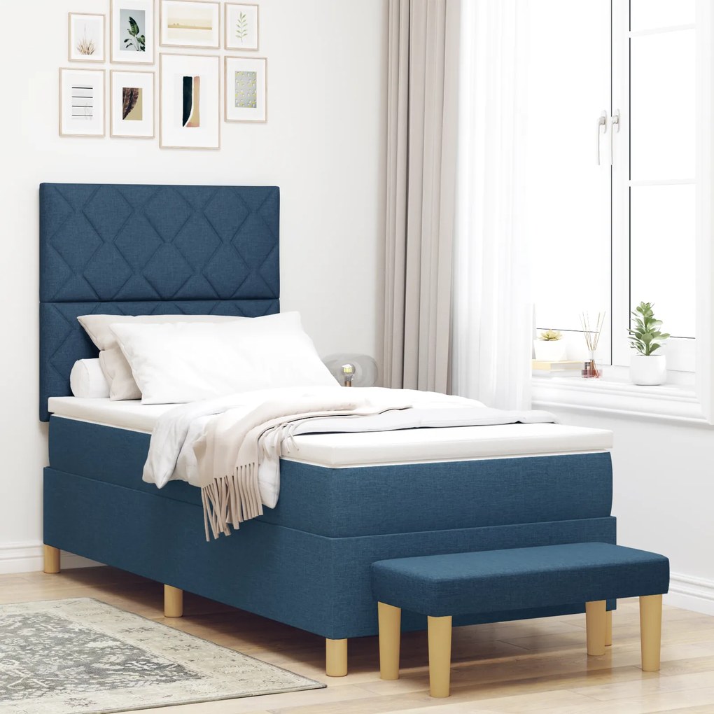 vidaXL Κρεβάτι Box Spring με Στρώμα & Bench Μπλε 100x200 εκ. Ύφασμα
