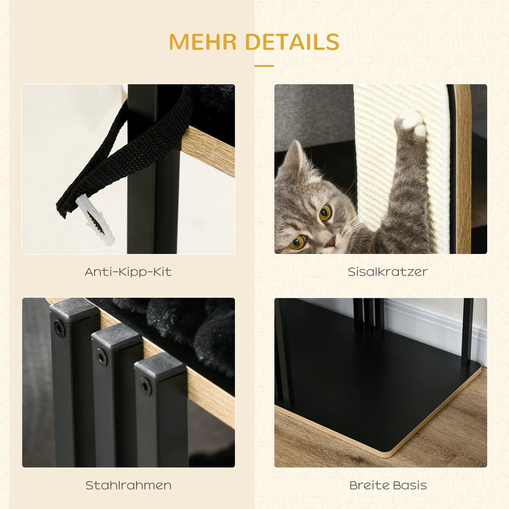 PawHut Δέντρο για Γάτες, Βιομηχανικός Σχεδιασμός, 2 Πλατφόρμες, 2 Μαξιλάρια, Επιφάνεια Ξυσίματος, Ατσάλινο Πλαίσιο, Μαύρο, 85 x 48 x 128 εκ.