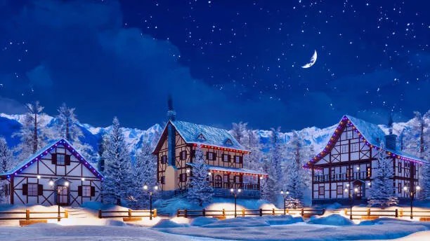 Φωτογραφία Snowbound alpine mountain town at winter night, Marseas