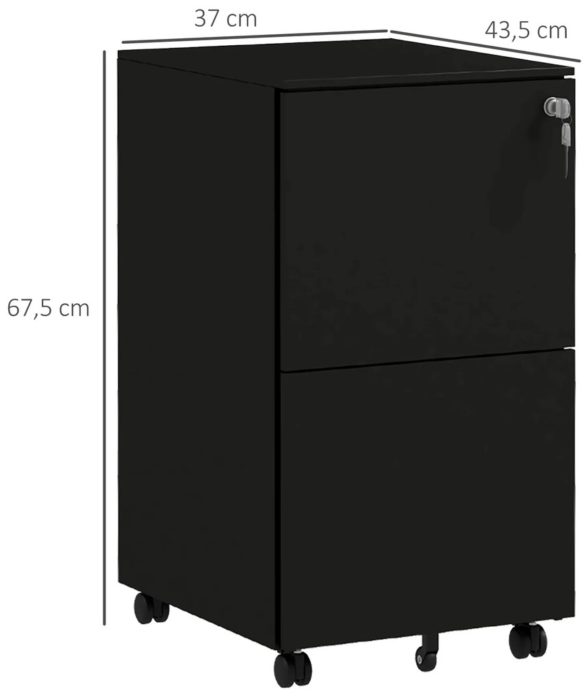Ντουλάπι αρχειοθέτησης Vinsetto με ροδάκια, 2 συρτάρια, κλειδώνει, 37 cm x 43,5 cm x 67,5 cm, Μαύρο