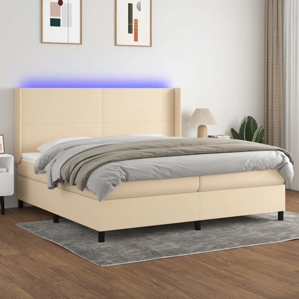 vidaXL Κρεβάτι Boxspring με Στρώμα & LED Κρεμ 200x200 εκ. Υφασμάτινο