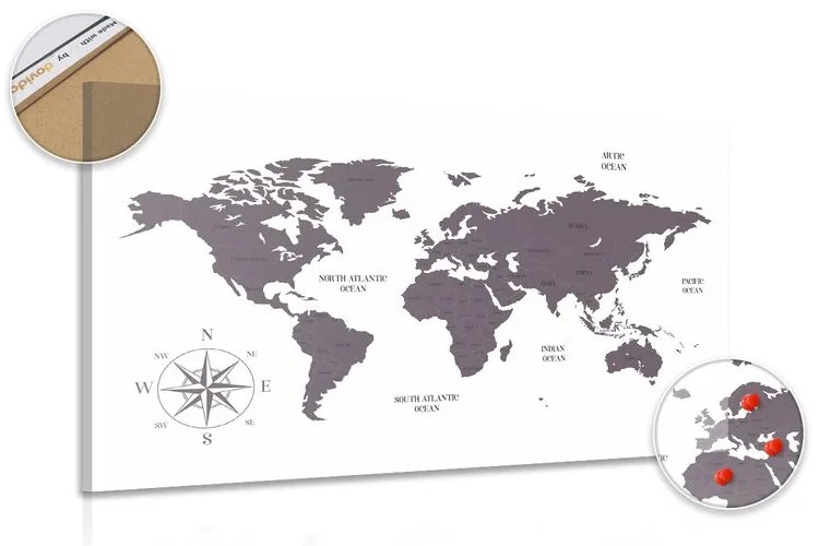 Εικόνα στο φελλό ενός αξιοπρεπούς χάρτη του κόσμου σε καφέ - 90x60  wooden