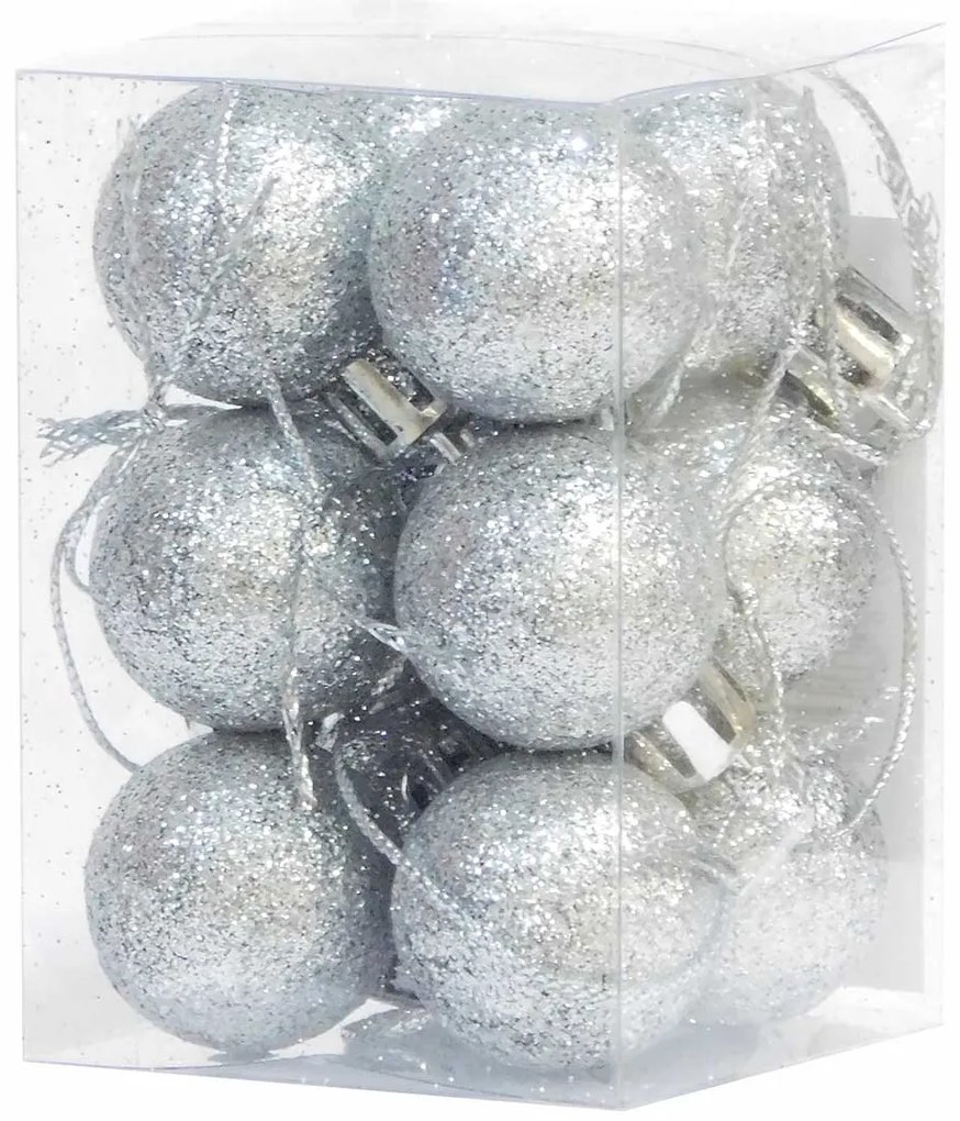 Σετ 12 τεμ. Χριστουγεννιάτικες Μπάλες Ασημί Glitter 2.5cm 236556