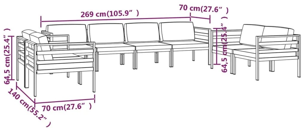 vidaXL Σαλόνι Κήπου 8 Τεμαχίων Ανθρακί Αλουμινίου με Μαξιλάρια