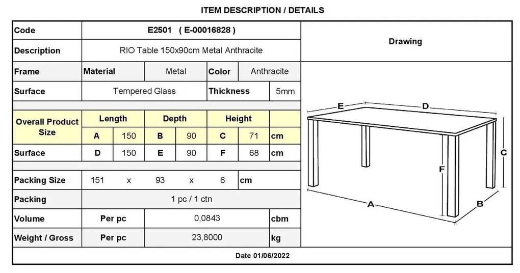 Τραπέζι Rio 150x90cm Μεταλ.Ανθρακί
