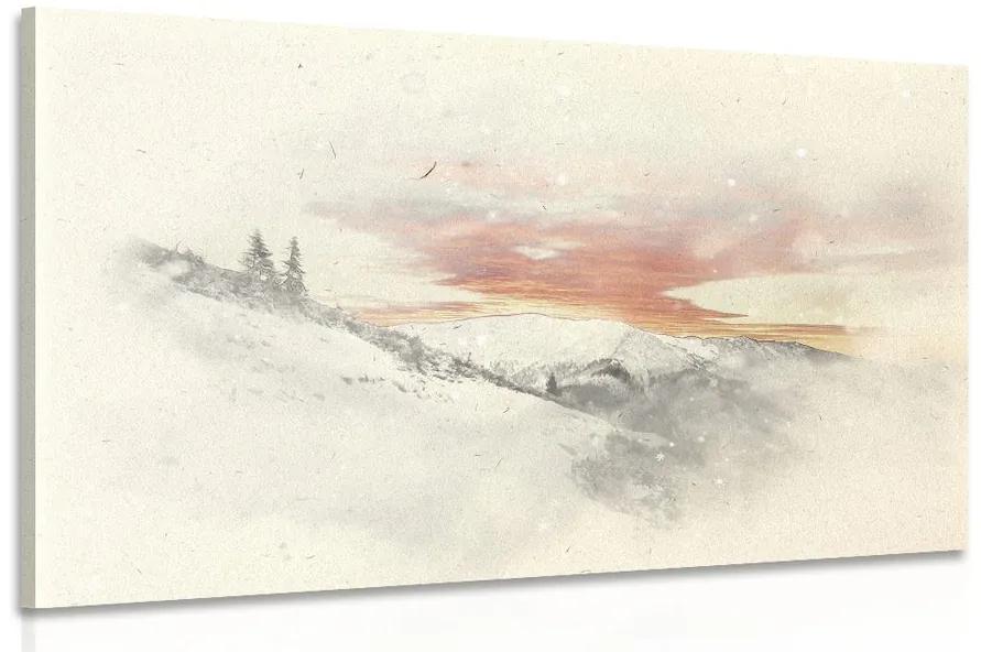 Εικόνα ηλιοβασίλεμα πάνω από χιονισμένα βουνά - 120x80
