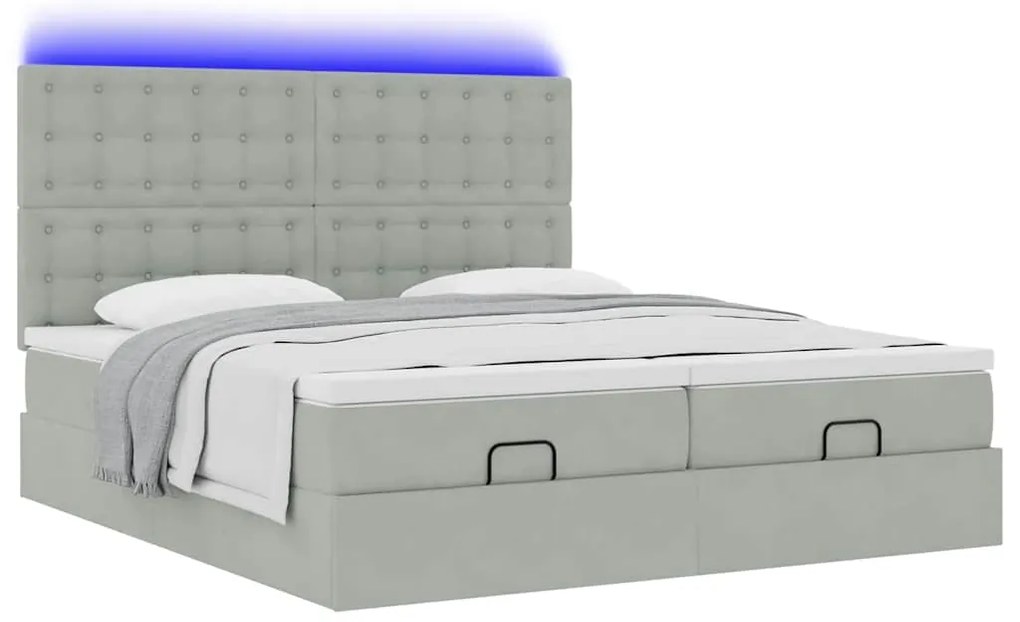 vidaXL Οθωμανικό κρεβάτι με στρώματα & LEDs Ανοιχτό γκρι Βελούδο