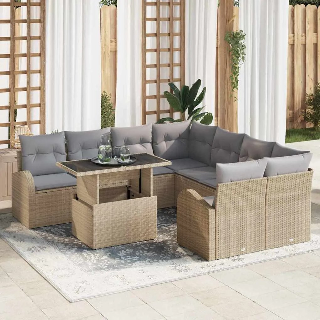 vidaXL Σετ Καναπέ Κήπου με μαξιλάρι 9 pcs Μπεζ Πολυ ράταν