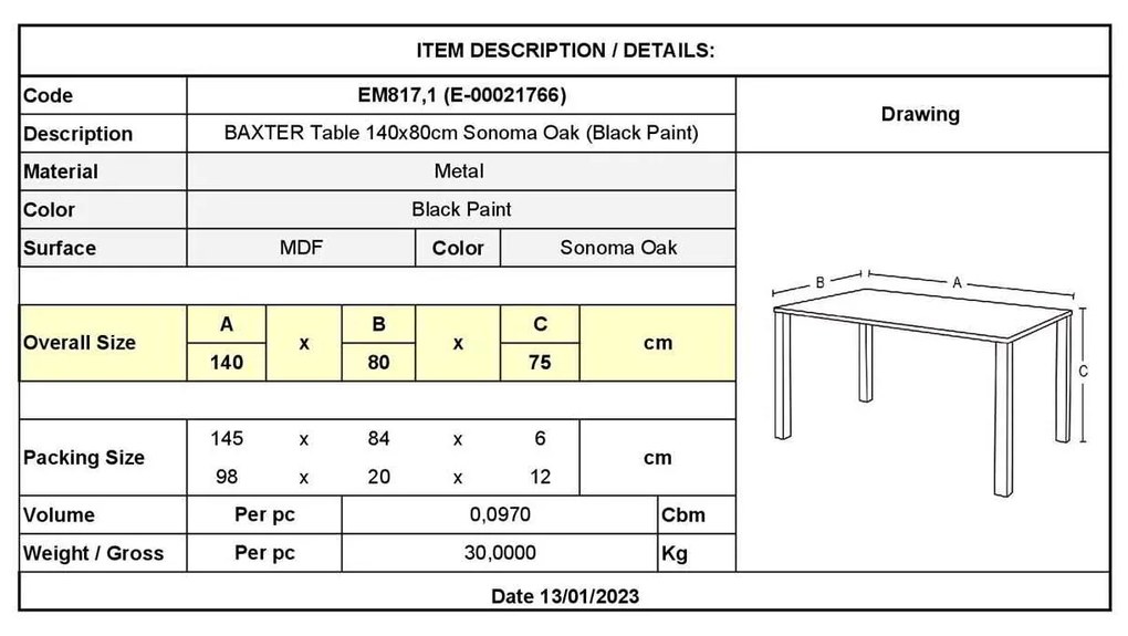 Τραπέζι BAXTER 140x80cm Sonoma Oak/Βαφή Μαύρη
