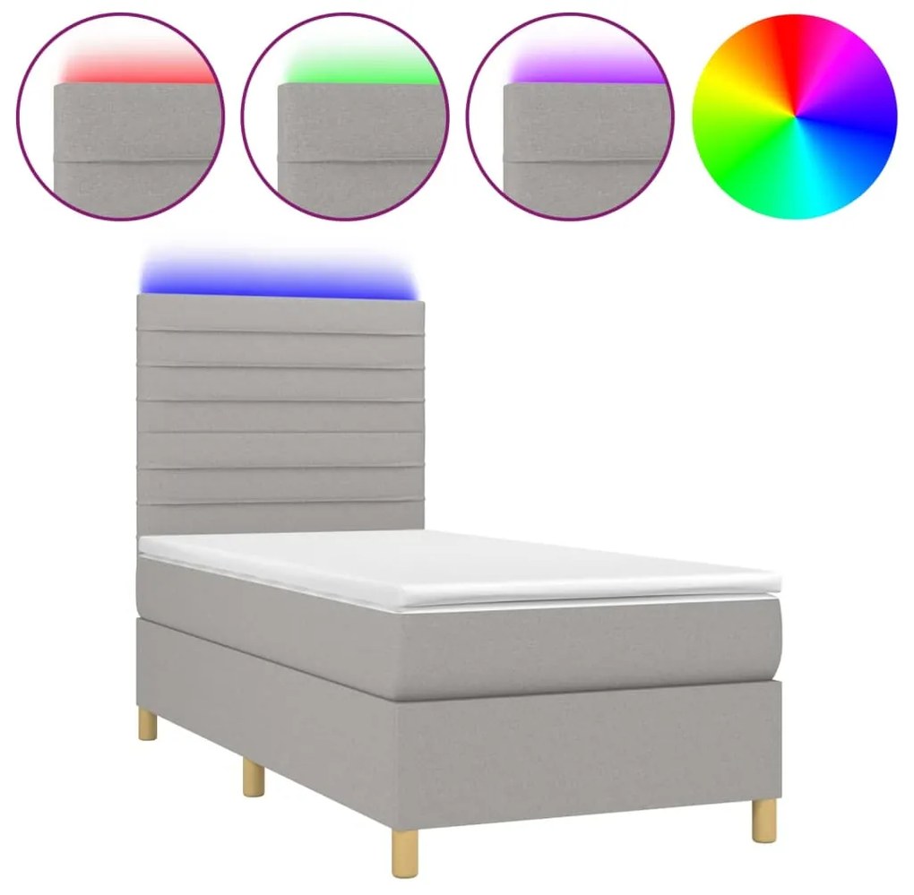 vidaXL Κρεβάτι Boxspring με Στρώμα & LED Αν.Γκρι 100x200εκ. Υφασμάτινο