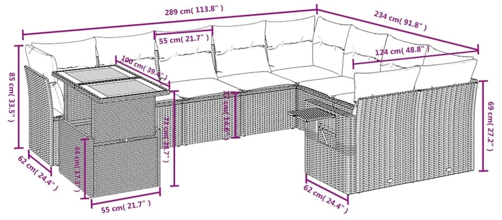 vidaXL Σαλόνι Κήπου Σετ 10 Τεμαχίων Μαύρο Συνθετικό Ρατάν με Μαξιλάρια