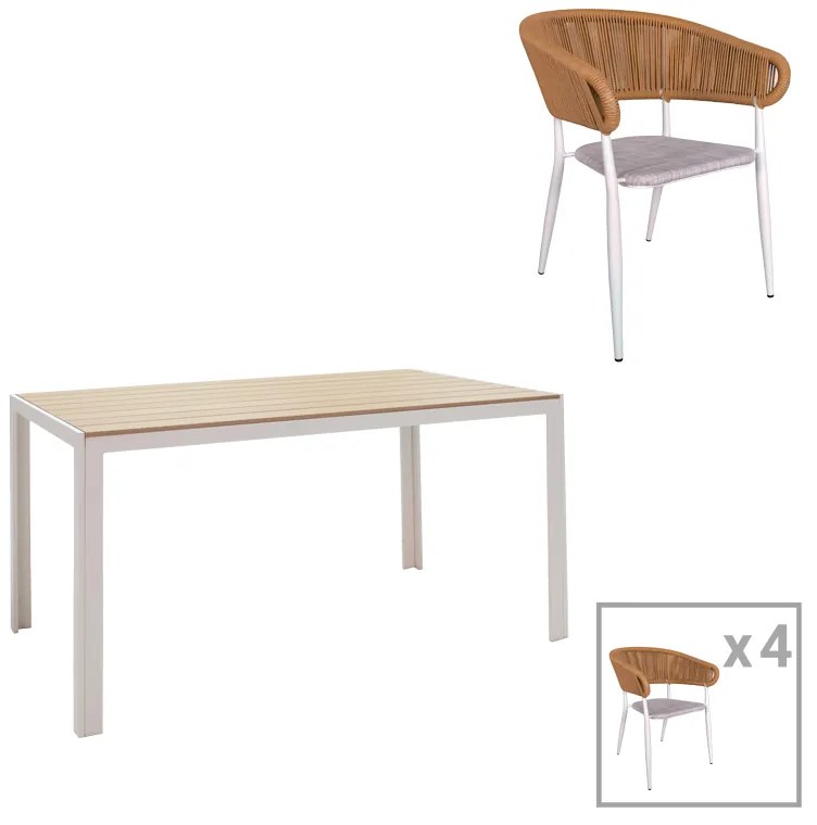 Τραπεζαρία Nares-Raven A σετ 5τεμ pakoworld λευκό αλουμίνιο και plywood σε φυσική απόχρωση 140x80x72.5εκ