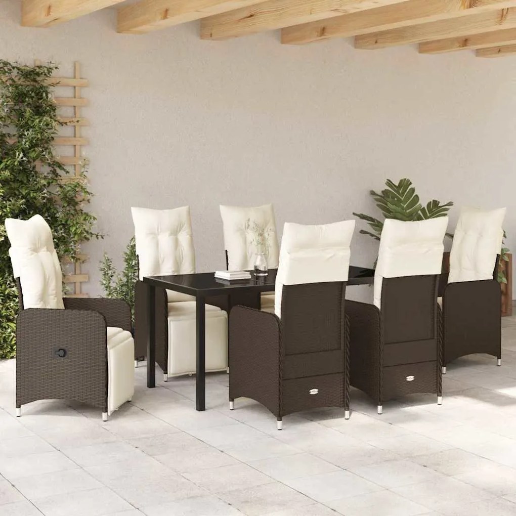vidaXL Σέτ φαγητού για κήπο με μαξιλάρι 7 pcs Καφέ Πολυ ράταν